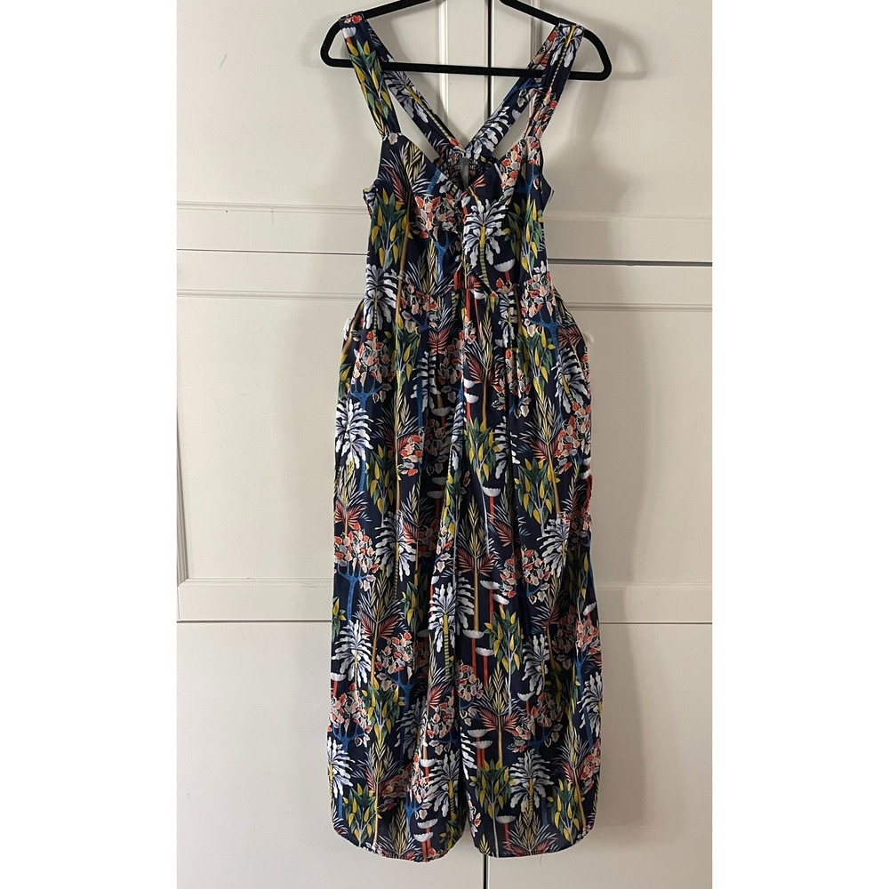 Anthropologie Tropical Palm Floral Smocked Back Wide Leg Jumpsuit Blue Medium